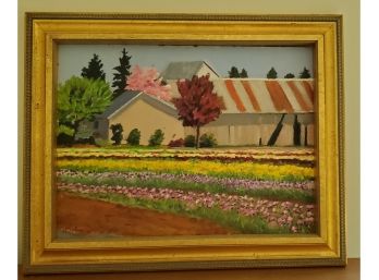 Gold Framed Oil Painting By AJ Morgan '97 -  Red, Green & Pink Leafed Trees & A Field Of Multi-colored Flowers