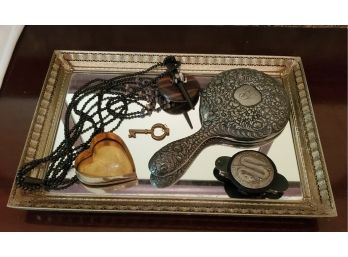 Vanity Mirror Tray With An Assortment Of Useful Items - Antique Hand Mirror, Hair Clips, A Brass Heart Tray