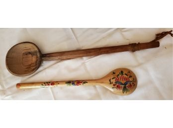 Two Vintage Spoons - 1 Hand Painted With Garden Tomatoes 17 1/4' Long Carrots 13 1/4'