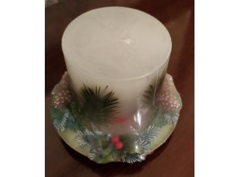 Vintage Yet - Brand New - Holiday Candle In Original Plastic Wrap With Pine Cones & Holly Berries