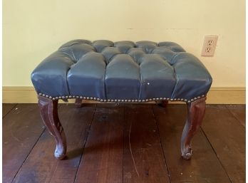 Vintage Blue Leather Ottoman Foot Stool With Wooden Legs