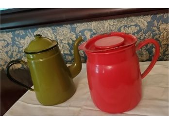 Antique Pair Of Enamel Porcelain - Green Coffee Pot & Red Pitcher - Both With Their Original Lids