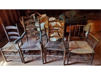 Four Attic Treasures - Antique Various Shape Chairs With Rush Seats 2 Armchairs, 3 Ladder Backs,1 Spindle Back