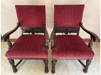 Two Large Antique Red Velvet Upholstered Wooden Chairs With Arm Rests