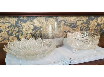 Assortment Of  Five Vintage Kitchen - Dining Room Glass Items: Four Bowls & An Ice Bucket Or Vase