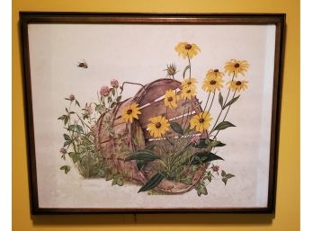 Framed Yellow Flowers In A Wood Basket Print With A Bumblebee & A Grasshopper!