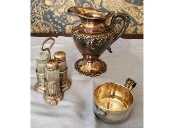 Assorted Silver Plate Lot - Small Pitcher, Cute 3- Shaker Holder, Childrens' Plate Humpty Dumpty