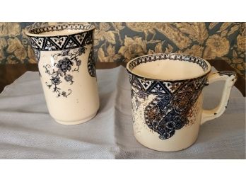 Two Ca 1880s Antique T Furnival & Sons  Blue & Gold Paisley Pattern Transferware Coffee Cup & Beverage Tumbler