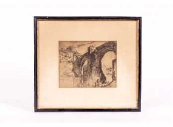 Antique Etching Of Roman Aqueduct Scene