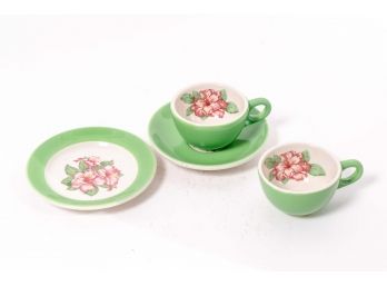 Pair Of Green Teacups & Saucers With Hibiscus Motif