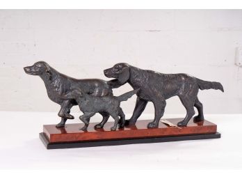 Hand Crafted Bronze Retrievers On Wood Burl Base