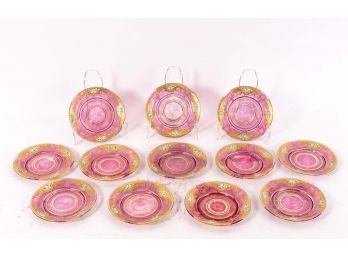 Set Of Twelve Translucent Pink Dessert Plates With Gilt Detail