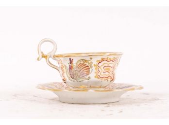 Beautifully Hand Painted Teacup & Saucer With Seashell & Butterfly Motifs