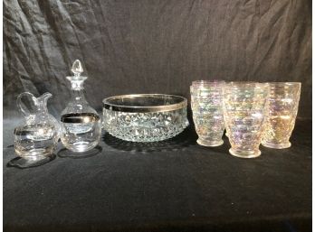 Vintage Glass Serving Lot, 5 Opalescent Federal Glass Water/juice Glasses, Salad Bowl, Oil & Vinegar