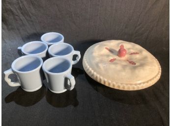 Vintage Cherry Pie Recipe Dish And Coffee Cups.