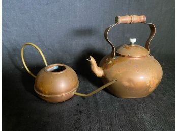 Antique Copper Watering Can With Long Brass Spout & Handle Accompanied By English Tea Kettle With Wood Handle