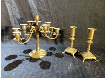 Pair Of Brass Candle Stick Holders & Brass Candelabra