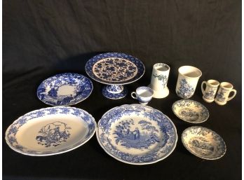 Blue & White Collectibles Lot, Cake Stand, Platter, Vase