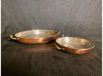 Pair Of Antique Copper Casserole Oval & Round Baking Pans With Brass Handles