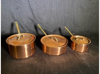 3 Small Korean Copper Sauce Pans With Brass Handles