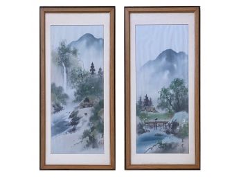 Vintage Japanese Painting On Fabric Diptych