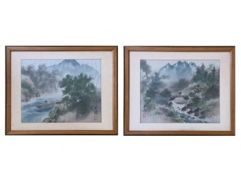 Vintage Pair Of Japanese Paintings On Fabric