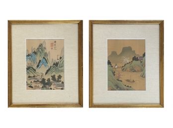 Vintage Japanese Painting On Fabric Pair