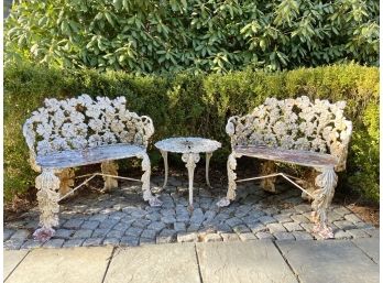 Pair Of Vintage Cast Iron Patio Chairs And Drink Table