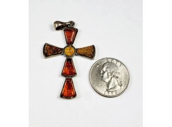 Large Sterling Silver Vintage Amber Cross