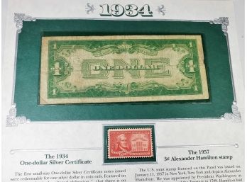 1934 Silver Certificate $1 Dollar Bill Funny Back With Info History And Stamp