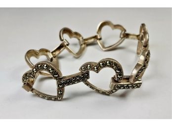 Super Vintage Sterling Silver And Marcasite Heart Link Bracelet