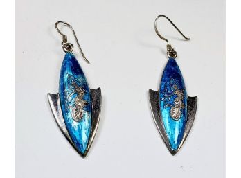 Unique Vintage Sterling Silver Hanging Blue Enamel  Earrings