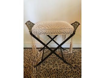 Vintage Brass & Metal Stool W/flocked Zebra Velvet Seat And Tassels