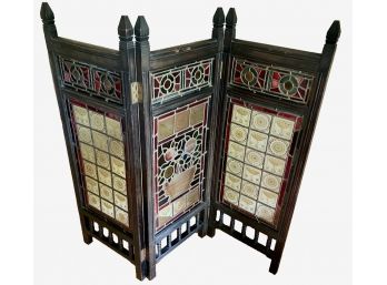 Tri-fold Wood Screen With Stained Glass Inserts