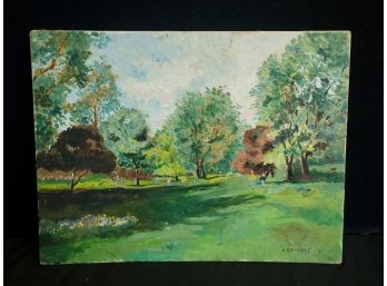 Vintage Unframed Signed E. Genghof Oil On Board -Park Scene