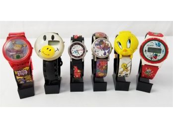 Vintage Six Novelty Wristwatches: Tweety Bird, Sherlock Homes, Rugrats, Asahi, Solo Time & Hashi Smiley Face