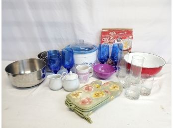 Pot Luck Kitchen Dining & Bar - Rival Crock Pot, Sheffield Sugar & Creamer, Cobalt Blue Wine Glasses & More