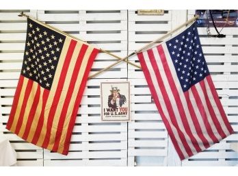 Two Vintage Cotton American Flags & 1964 Time Reproduction 'I Want You For U.S. Army' Poster