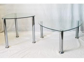 Vintage Triangular Rounded Glass Top Tables With Chrome Legs