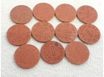 Eleven Vintage US 1942-1945 World War 2 Meat Commodities Rations One Opa Point Red Tokens