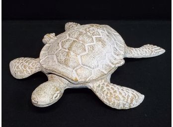 Adorable 11.5' White & Gold Cast Metal Hinged Lid Turtle Shaped Box