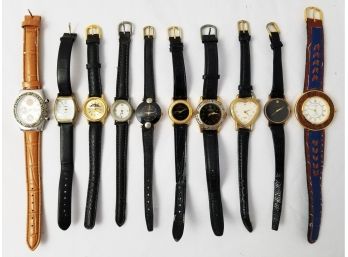 Vintage Ten Ladies Leather & Cloth Straps Quartz Wrist Watches: Sharp, Guess, Oscar De La Renta, Geneva & More