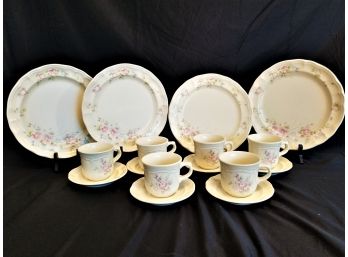 Pfaltzgraff  Tea Rose Pattern Stoneware Dinnerplates, Flat Cups & Saucers, Soup Bowl And Salad Plate