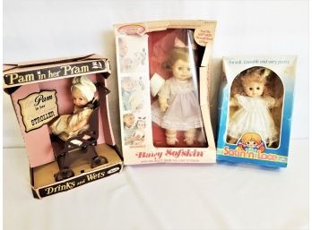 Three Vintage Baby Dolls: Pam In Her Pram, Satin-n-Lace & Baby Sofskin