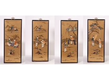 Set Of Four Japanese Panels With Semi-precious Stone Inlay