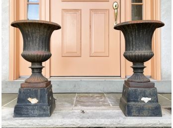 A Pair Of Cast Iron Garden Urns On Plinths