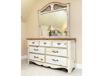 A Vintage Painted Wood And Wrought Iron Dresser With Mirror By Ethan Allen