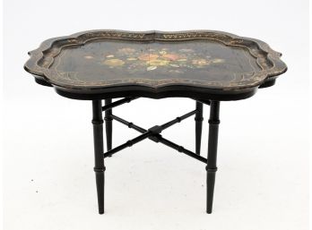 An Antique Tole Painted Wood Tea Table