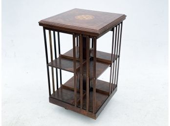 A Vintage Burl Wood Inlay Rotating Book Shelf