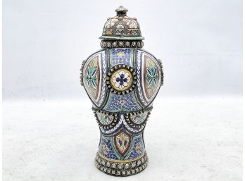 An Antique Lidded Glazed Earthenware Vessel, Silver Applique Details, Possibly Moroccan